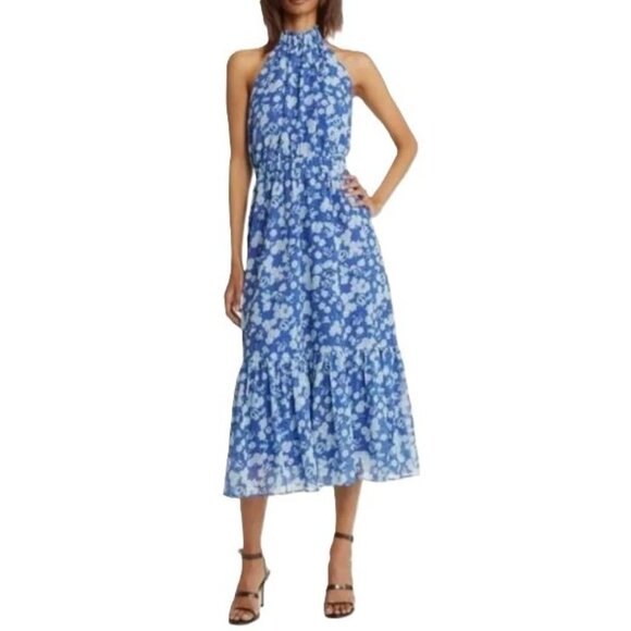 Chelsea28 Midi Dress Size XL Blue‎ Floral Halter Open Back & Ruffle Hem NWOT - Picture 1 of 11
